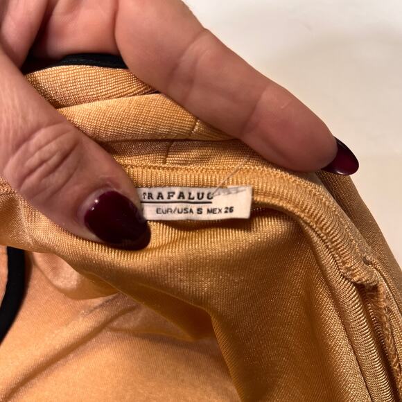 ZARA Light Brown Stretch Apricot Black Piped Open Front Side Slit Jacket Size S - Picture 5 of 9